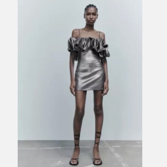 NWOT Zara Metallic Silver Voluminous Short Dress Size  Ref 7707/308 - Picture 2 of 7
